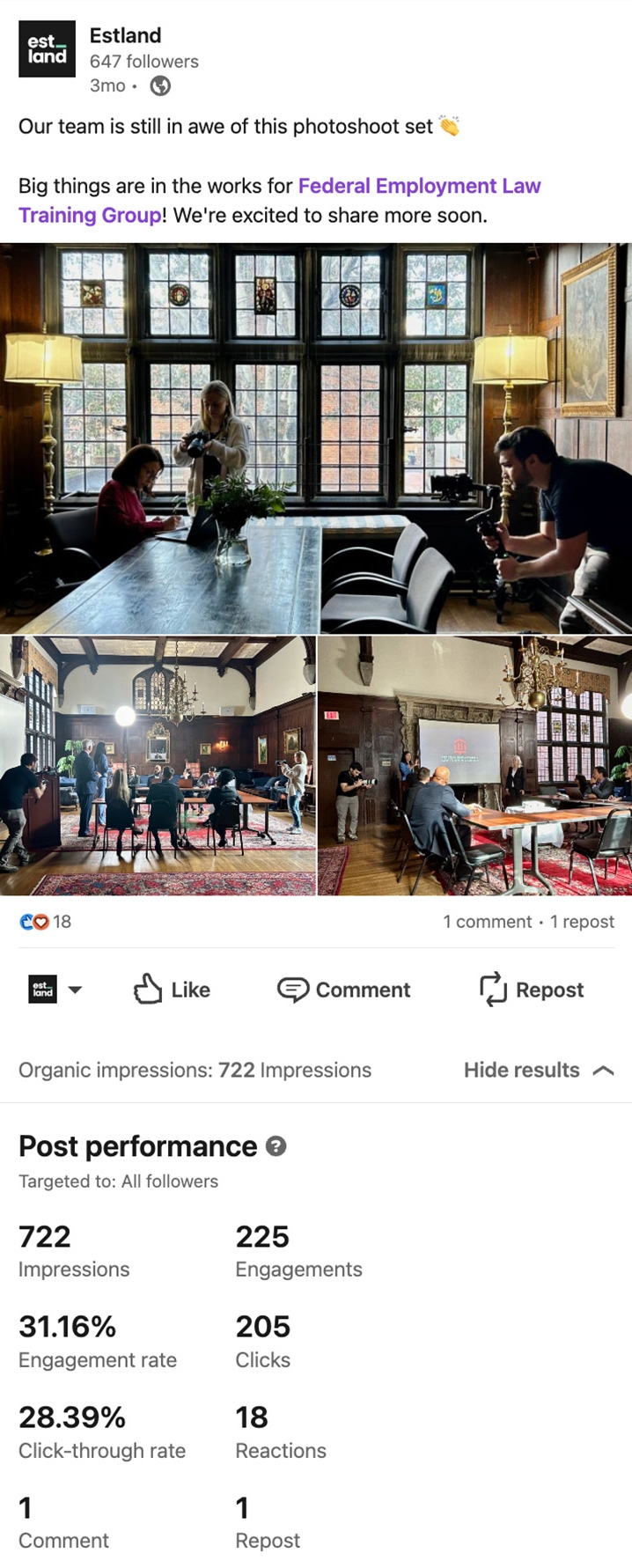 LinkedIn engagement stats for Estland social media post behind the scenes filming