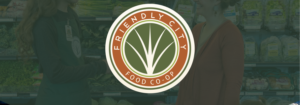 Friendly City Food Co-Op logo on top of green transparency and image in grocery aisle