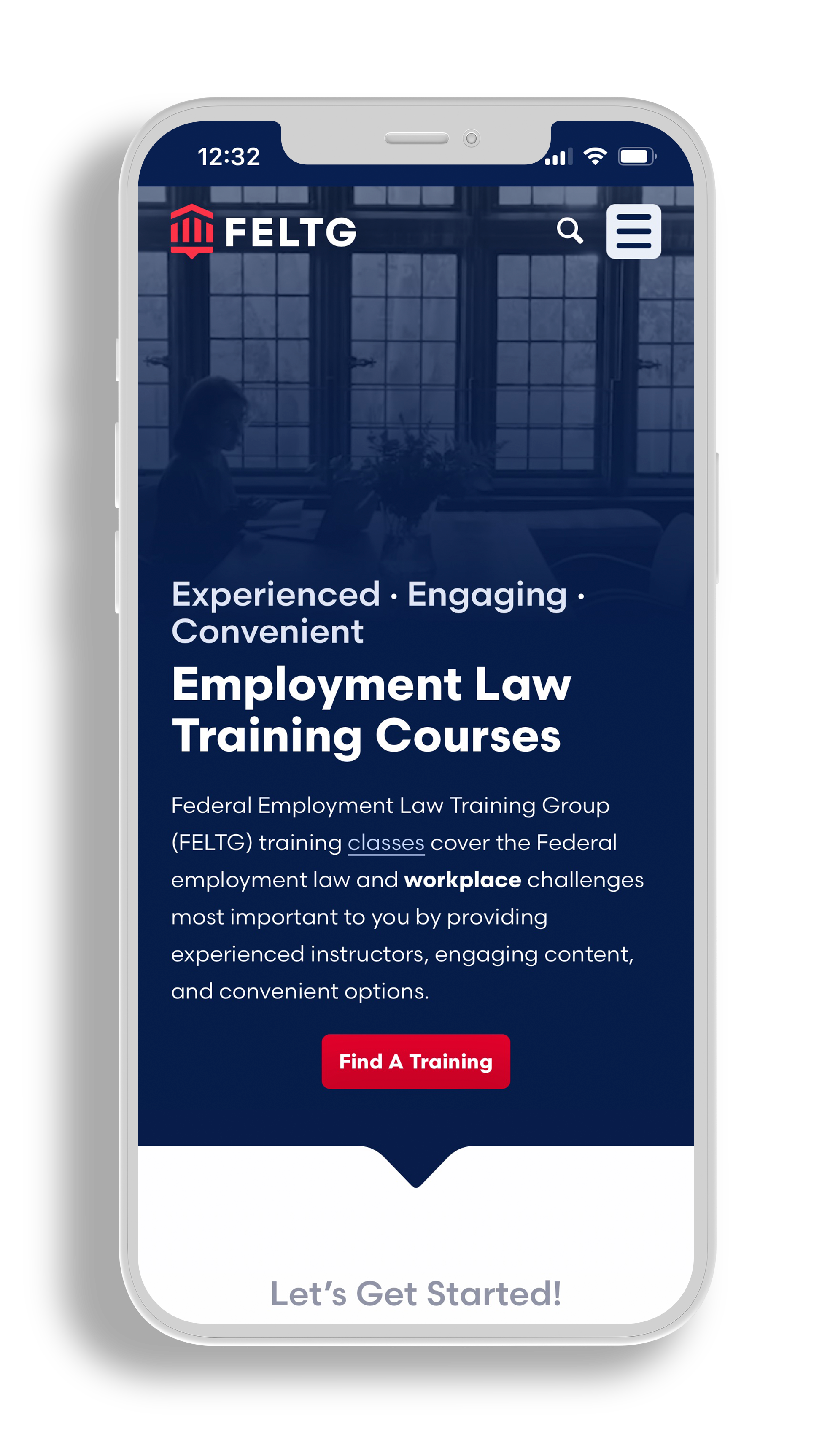 iPhone mockup of Training Courses page on Federal Employment Law Training Group's mobile website design