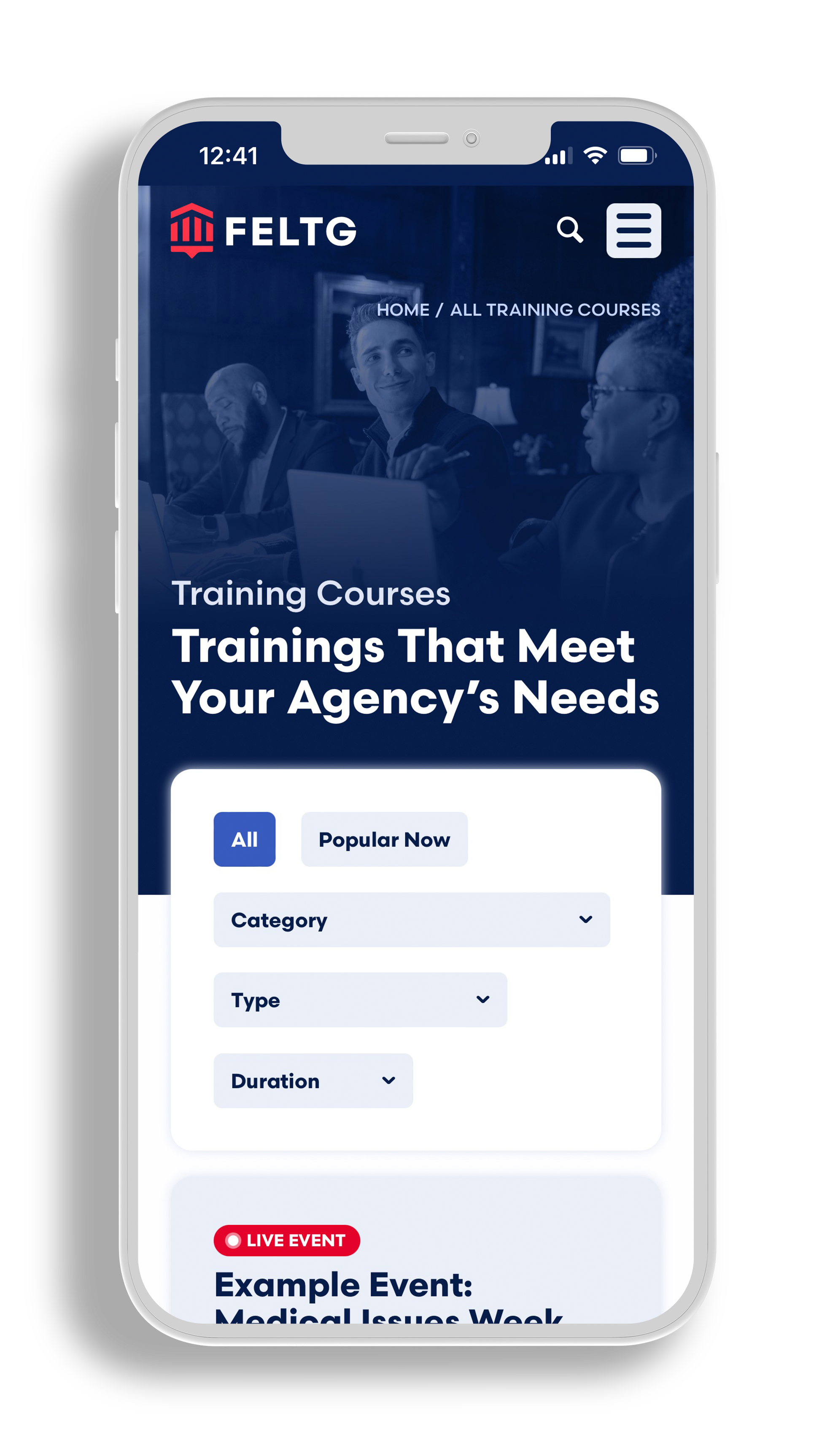 iPhone mockup of Training Course catalog page on Federal Employment Law Training Group's mobile website design
